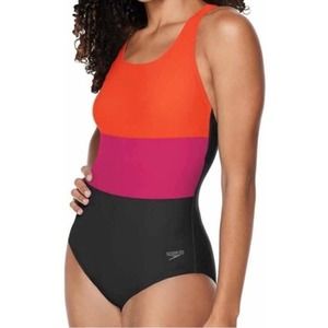 SPEEDO Womens Ultraback One Piece Swimsuit Spicy Orange Black Pink Sz M NWT